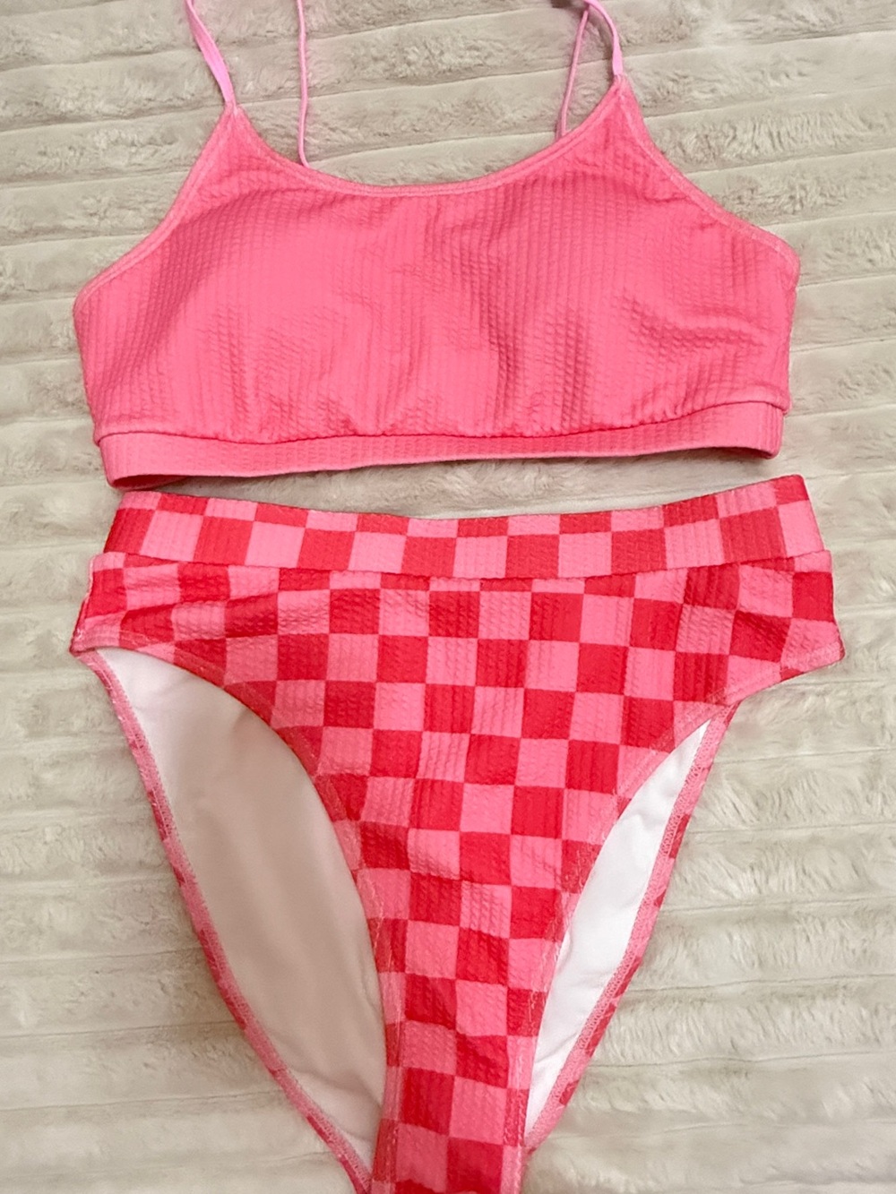 Women's Pink Checker High-Waist Bikini Set - Brand